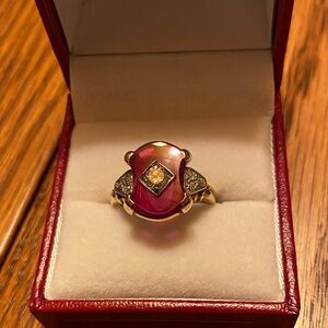 12 K Synthetic Ruby and Diamond Ring